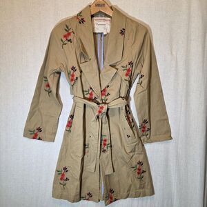 Anthropologie Cartonnier Tan Floral Embroidered Trench Coat Jacket Honey Size XS